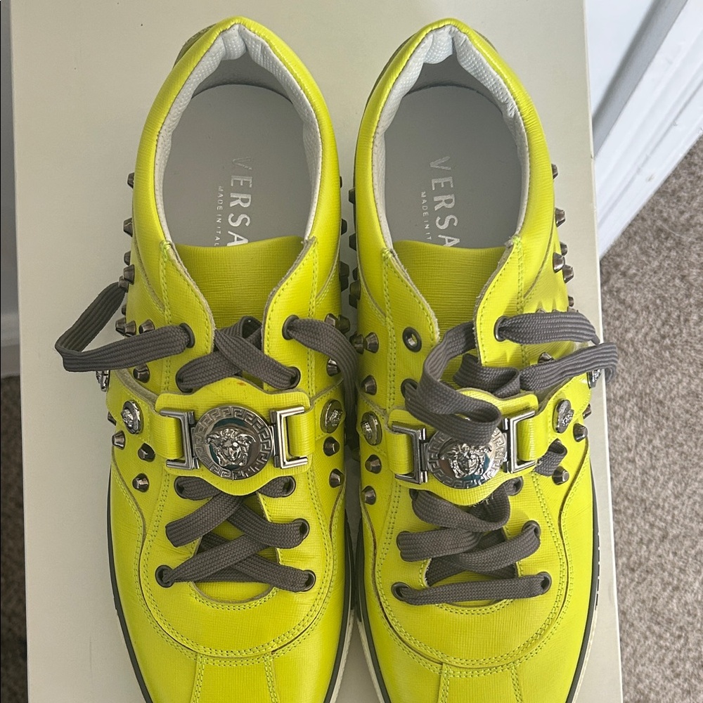 Versace Neon Yellow Studded Sneaker with Gunmetal Accents - Picture 7 of 11